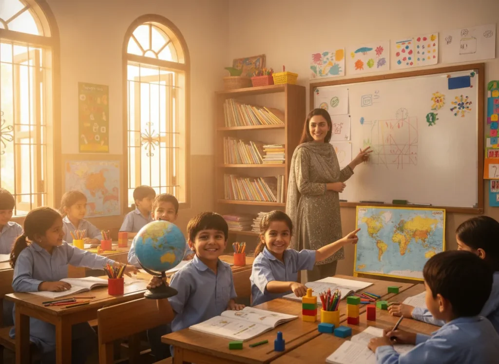 Happy Pakistani schoolchildren learning with a teacher in