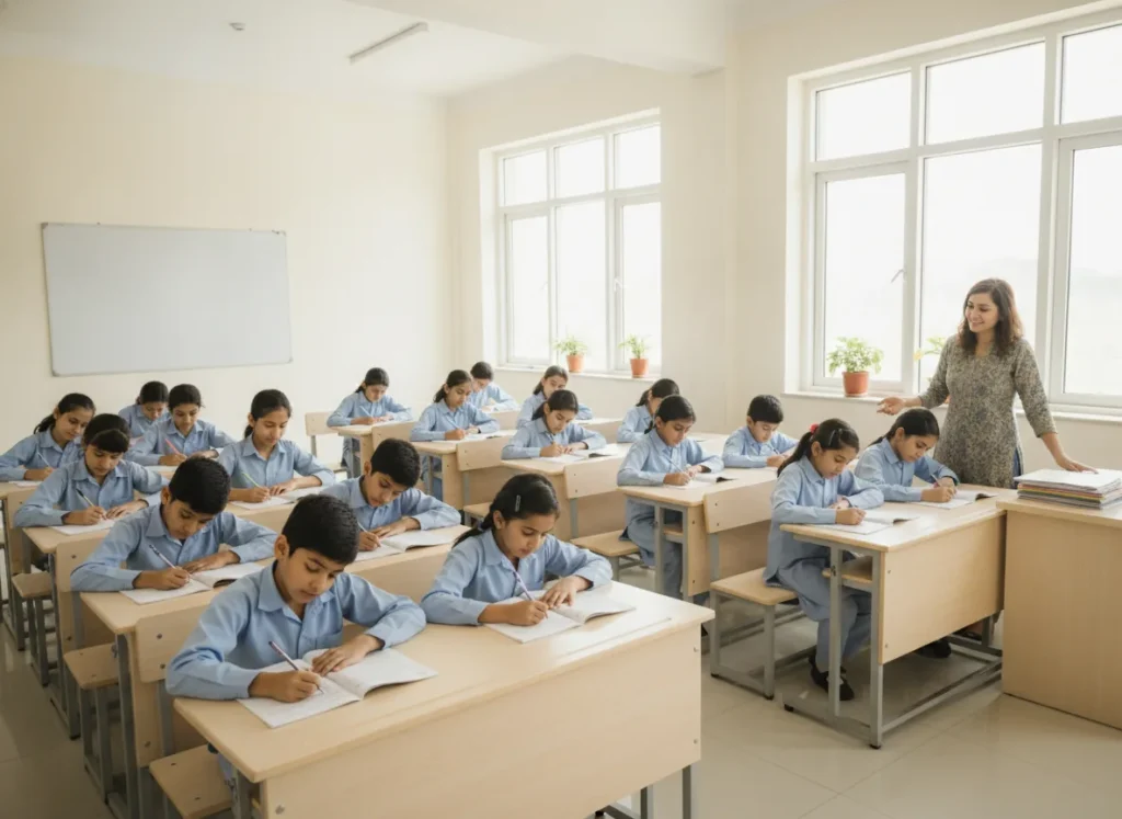 students and teacher in a bright Pakistani classroom