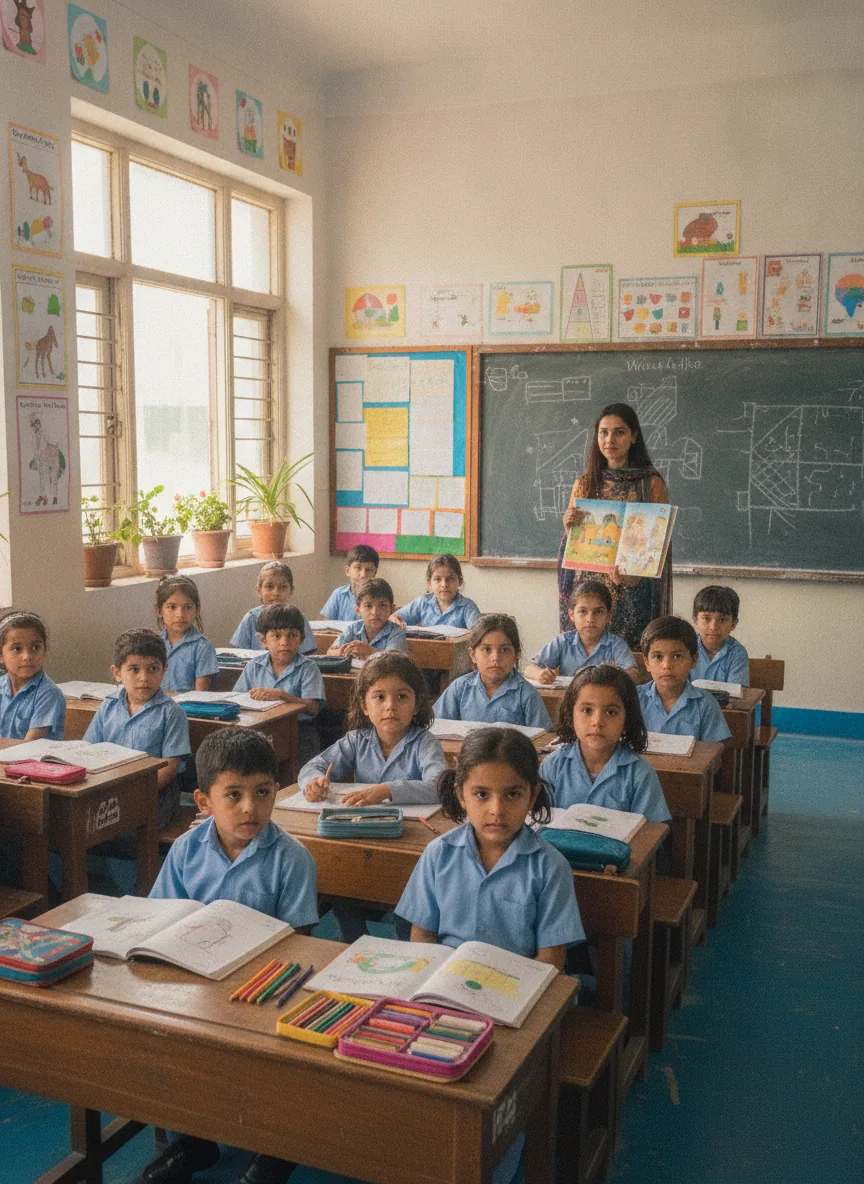 Real photo of a bright Pakistani school classroom