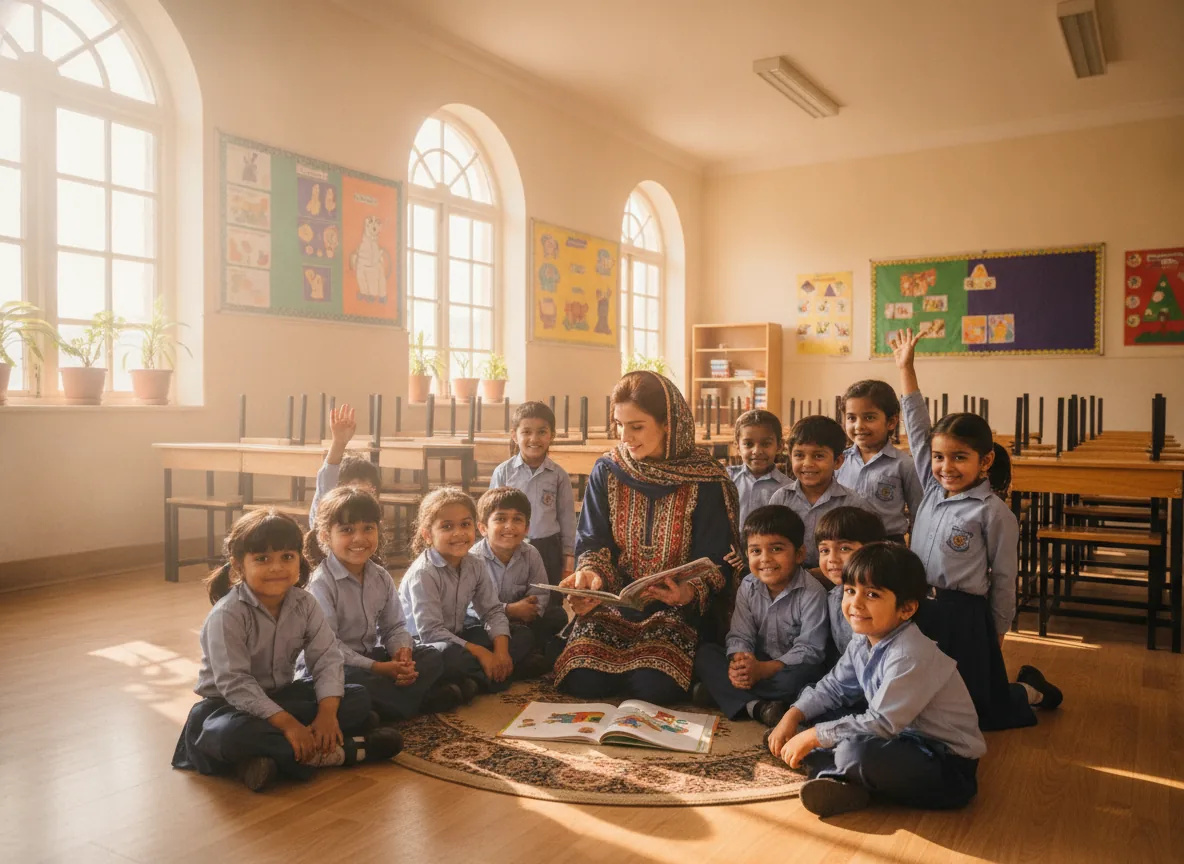 happy school children with a caring female teacher